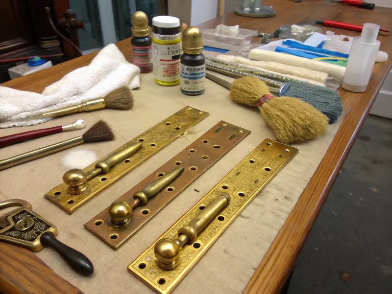 Antique brass door handles and hinges laid out on workbench with cleaning supplies and restoration tools