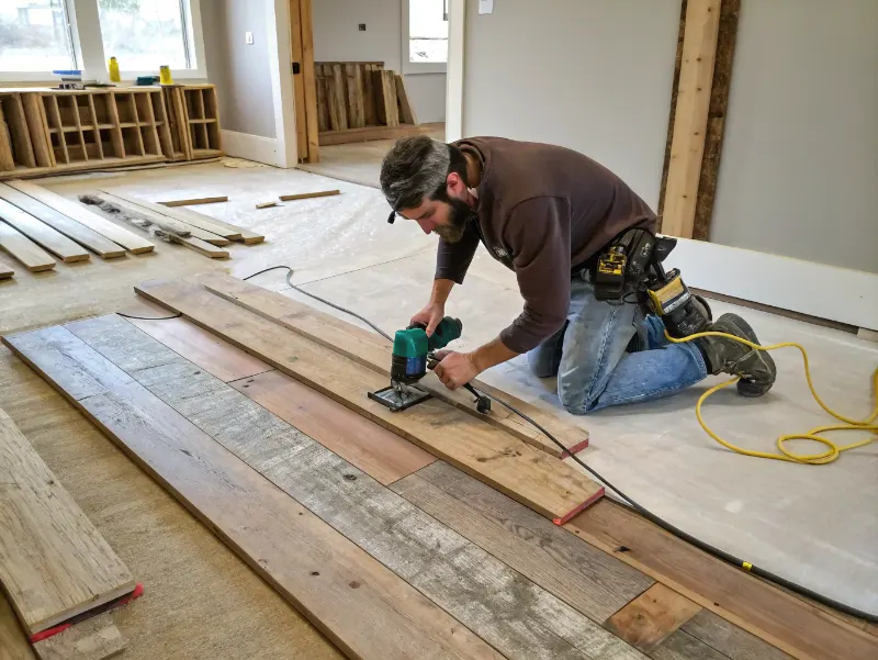 Carpenter installing reclaimed wood flooring planks using pneumatic nailer over prepared subfloor