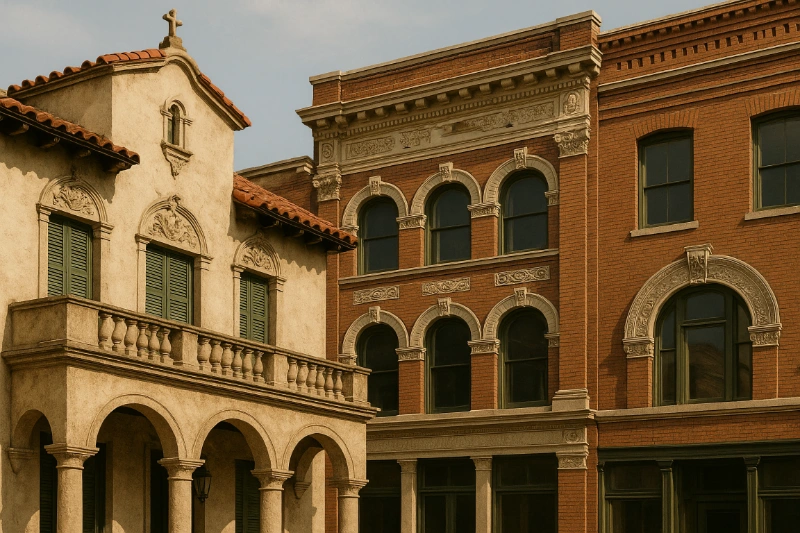 Historic Tampa building facades showing Spanish colonial and early 20th century architectural details