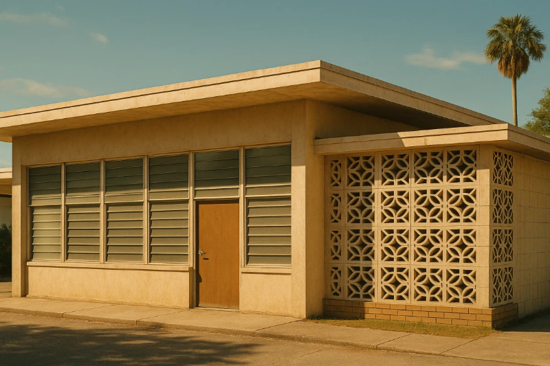 1960s Tampa building showing characteristic jalousie windows flat roofline and geometric concrete block details